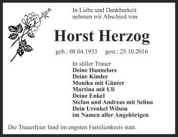 Traueranzeige von Horst Herzog