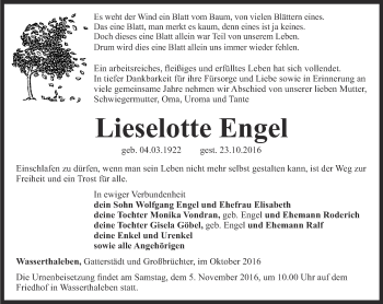 Traueranzeige von Lieselotte Engel von Thüringer Allgemeine