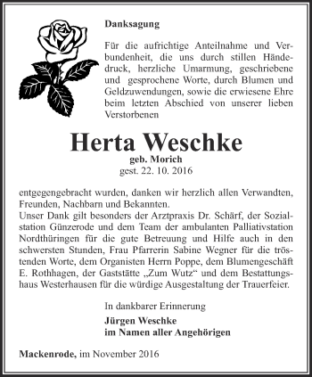 Traueranzeige von Herta Weschke von Thüringer Allgemeine