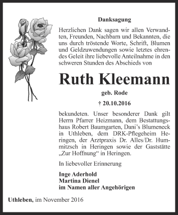 Traueranzeige von Ruth Kleemann von Thüringer Allgemeine