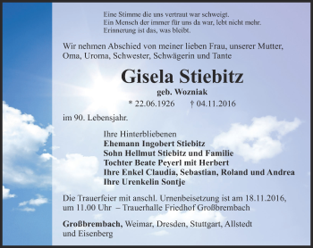 Traueranzeige von Gisela Stiebitz von Thüringer Allgemeine