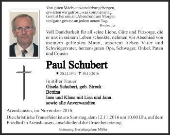 Traueranzeige von Paul Schubert von Thüringer Allgemeine