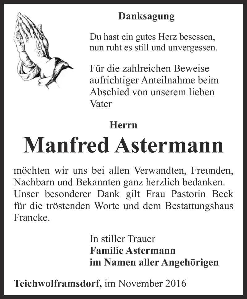  Traueranzeige für Manfred Astermann vom 12.11.2016 aus Ostthüringer Zeitung