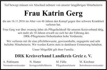 Traueranzeige von Katrin Gerg von Ostthüringer Zeitung