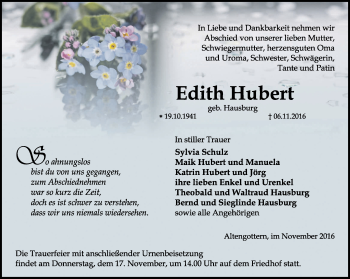 Traueranzeige von Edith Hubert von Thüringer Allgemeine, Thüringische Landeszeitung