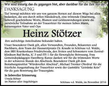 Traueranzeige von Heinz Stötzer von Ostthüringer Zeitung, Thüringische Landeszeitung