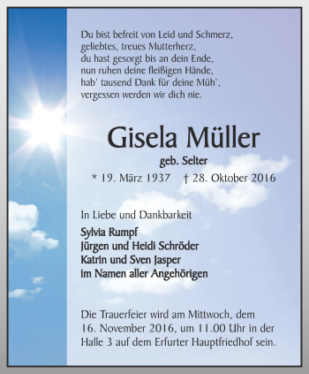 Traueranzeige von Gisela Müller von Thüringer Allgemeine, Thüringische Landeszeitung