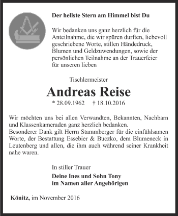 Traueranzeige von Andreas Reise von Ostthüringer Zeitung