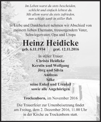 Traueranzeige von Heinz Heidicke von Ostthüringer Zeitung