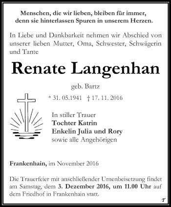 Traueranzeige von Renate Langenhan von Thüringer Allgemeine