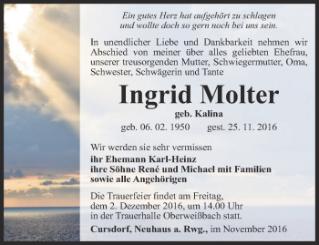 Traueranzeige von Ingrid Molter von Ostthüringer Zeitung