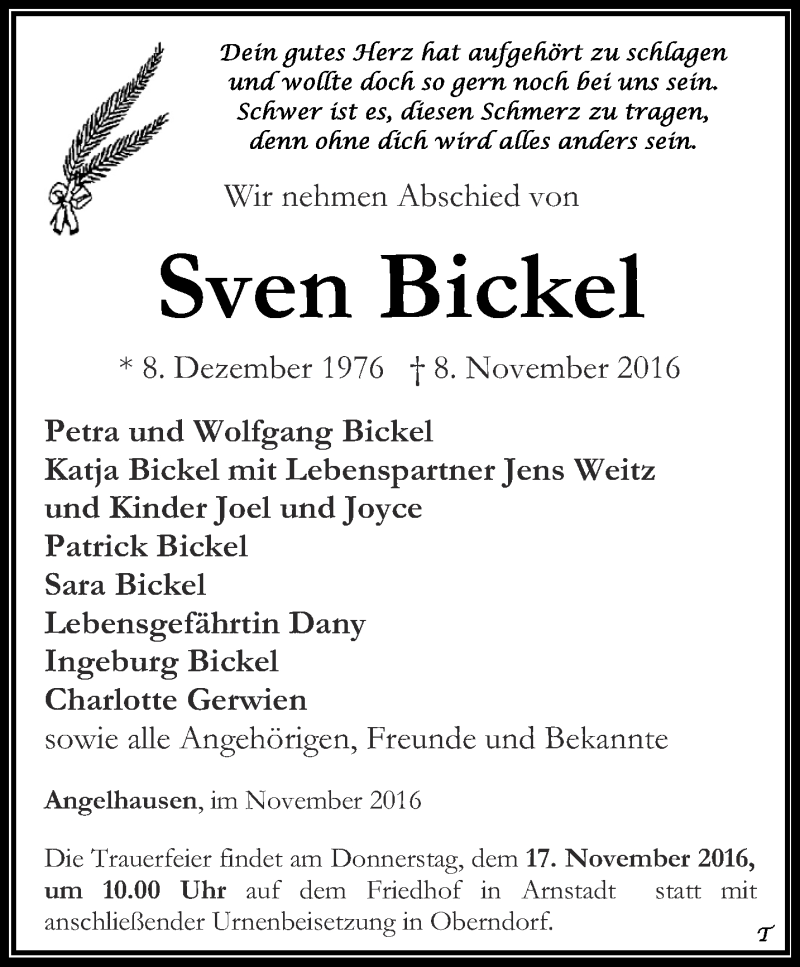  Traueranzeige für Sven Bickel vom 12.11.2016 aus Thüringer Allgemeine