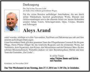 Traueranzeige von Aloys Arand von Thüringer Allgemeine