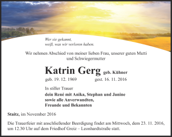 Traueranzeige von Katrin Gerg von Ostthüringer Zeitung