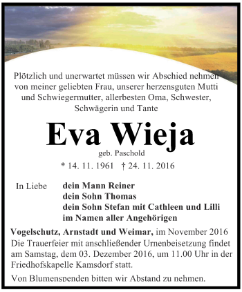 Traueranzeige von Eva Wieja von Ostthüringer Zeitung