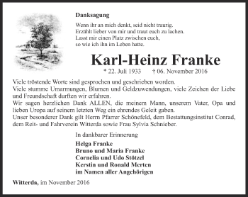 Traueranzeige von Karl-Heinz Franke von Thüringer Allgemeine, Thüringische Landeszeitung