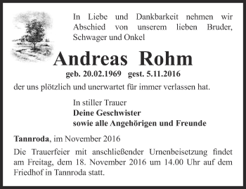 Traueranzeige von Andreas Rohm von Thüringer Allgemeine, Thüringische Landeszeitung