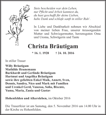 Traueranzeige von Christa Bräutigam von Thüringer Allgemeine, Thüringische Landeszeitung