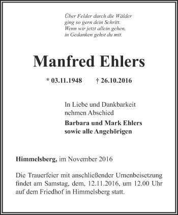 Traueranzeige von Manfred Ehlers von Thüringer Allgemeine