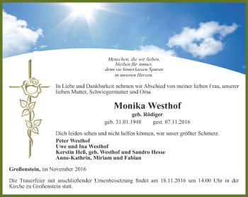 Traueranzeige von Monika Westhof von Ostthüringer Zeitung