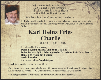 Traueranzeige von Karl Heinz Fries von Ostthüringer Zeitung, Thüringische Landeszeitung