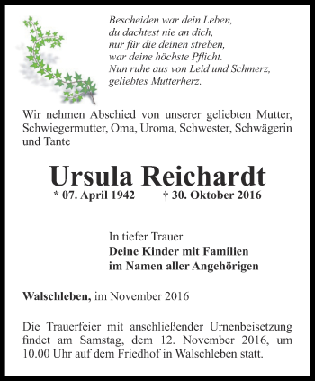 Traueranzeige von Ursula Reichardt von Thüringer Allgemeine, Thüringische Landeszeitung