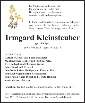 Traueranzeige von Irmgard Kleinsteuber von Thüringer Allgemeine, Thüringische Landeszeitung