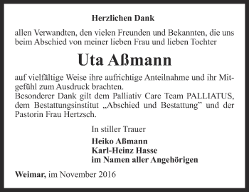 Traueranzeige von Uta Aßmann von Thüringer Allgemeine, Thüringische Landeszeitung