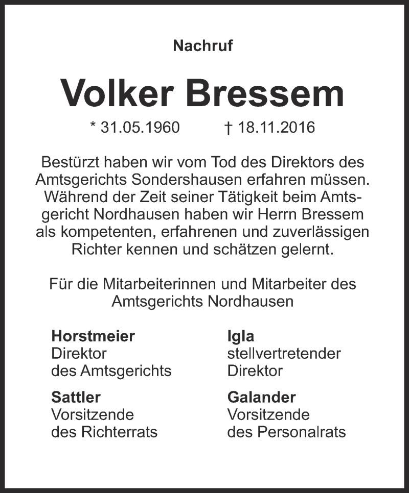  Traueranzeige für Volker Bressem vom 26.11.2016 aus Thüringer Allgemeine