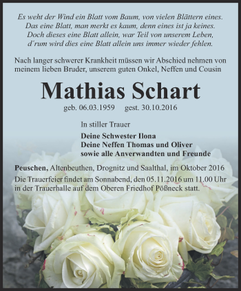 Traueranzeige von Mathias Schart von Ostthüringer Zeitung