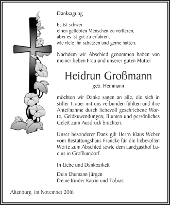 Traueranzeige von Heidrun Großmann von Ostthüringer Zeitung