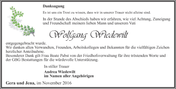 Traueranzeige von Wolfgang Wiedewilt von Ostthüringer Zeitung