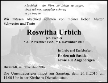 Traueranzeige von Roswitha Urbich von Ostthüringer Zeitung, Thüringische Landeszeitung