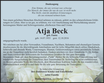 Traueranzeige von Atja Beck von Thüringer Allgemeine