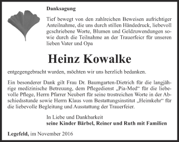 Traueranzeige von Heinz Kowalke von Thüringer Allgemeine, Thüringische Landeszeitung