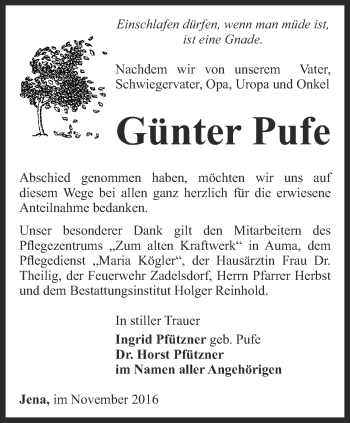 Traueranzeige von Günter Pufe von Ostthüringer Zeitung