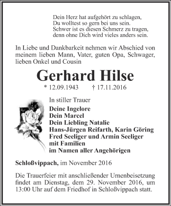 Traueranzeige von Gerhard Hilse von Thüringer Allgemeine