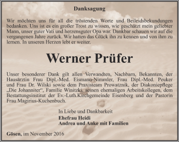 Traueranzeige von Werner Prüfer von Ostthüringer Zeitung