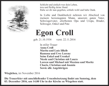 Traueranzeige von Egon Croll von Thüringer Allgemeine, Thüringische Landeszeitung