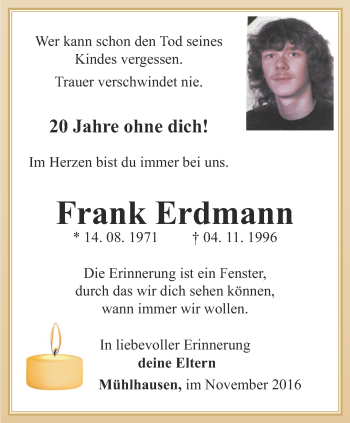 Traueranzeige von Frank Erdmann von Thüringer Allgemeine, Thüringische Landeszeitung
