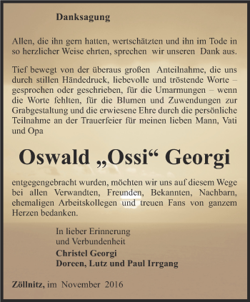 Traueranzeige von Oswald  Georgi von Ostthüringer Zeitung, Thüringische Landeszeitung