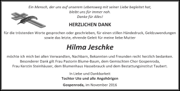 Traueranzeige von Hilma Jeschke von Thüringer Allgemeine, Thüringische Landeszeitung