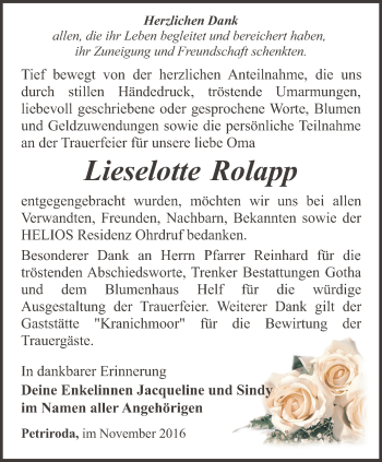 Traueranzeige von Lieselotte Rolapp von Ostthüringer Zeitung, Thüringische Landeszeitung