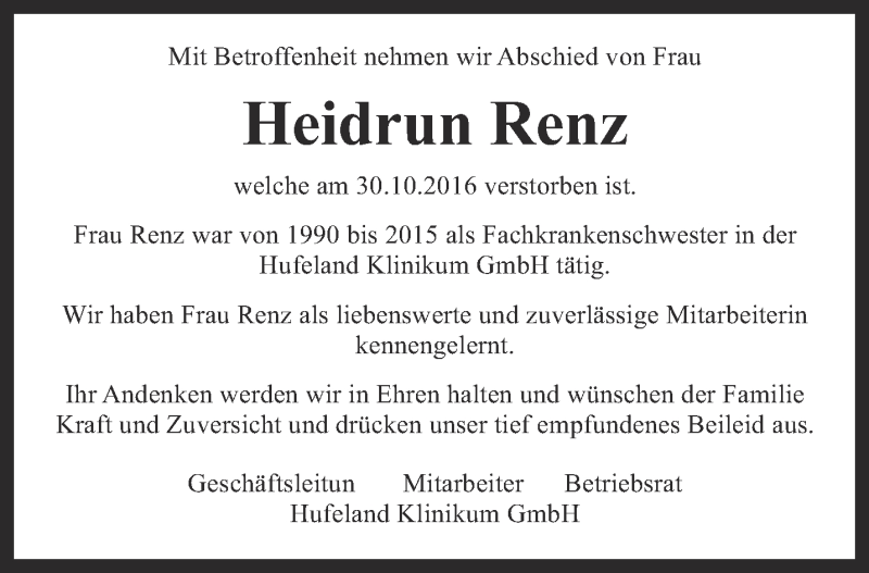 Traueranzeige für Heidrun Renz vom 19.11.2016 aus Thüringer Allgemeine, Thüringische Landeszeitung