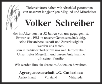 Traueranzeige von Volker Schreiber von Ostthüringer Zeitung