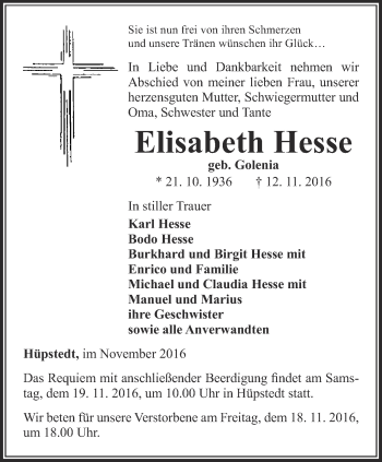 Traueranzeige von Elisabeth Hesse von Thüringer Allgemeine, Thüringische Landeszeitung