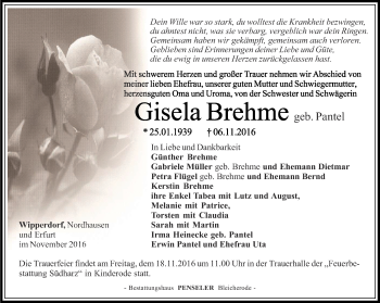 Traueranzeige von Gisela Brehme von Thüringer Allgemeine