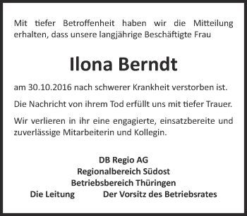 Traueranzeige von Ilona Berndt von Ostthüringer Zeitung