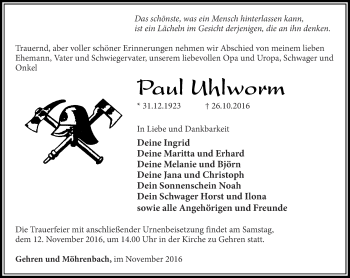 Traueranzeige von Paul Uhlworm von Thüringer Allgemeine