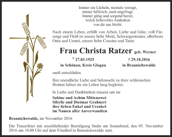 Traueranzeige von Christa Ratzer von Ostthüringer Zeitung